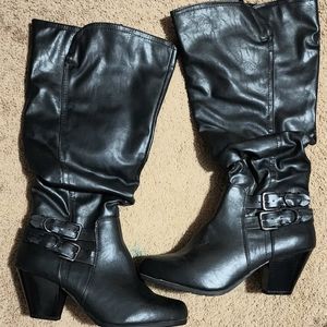 Black faux leather slouch wide calf boot